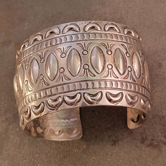 Marcella James Sterling Silver Navajo Stamped Wide Cuff Bracelet - Picture 8 of 13